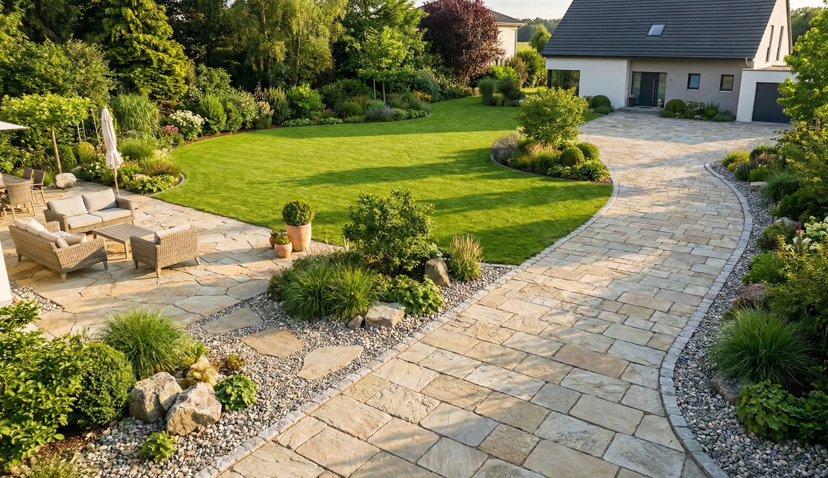 Privatgarten mit Terrasse und Zufahrt